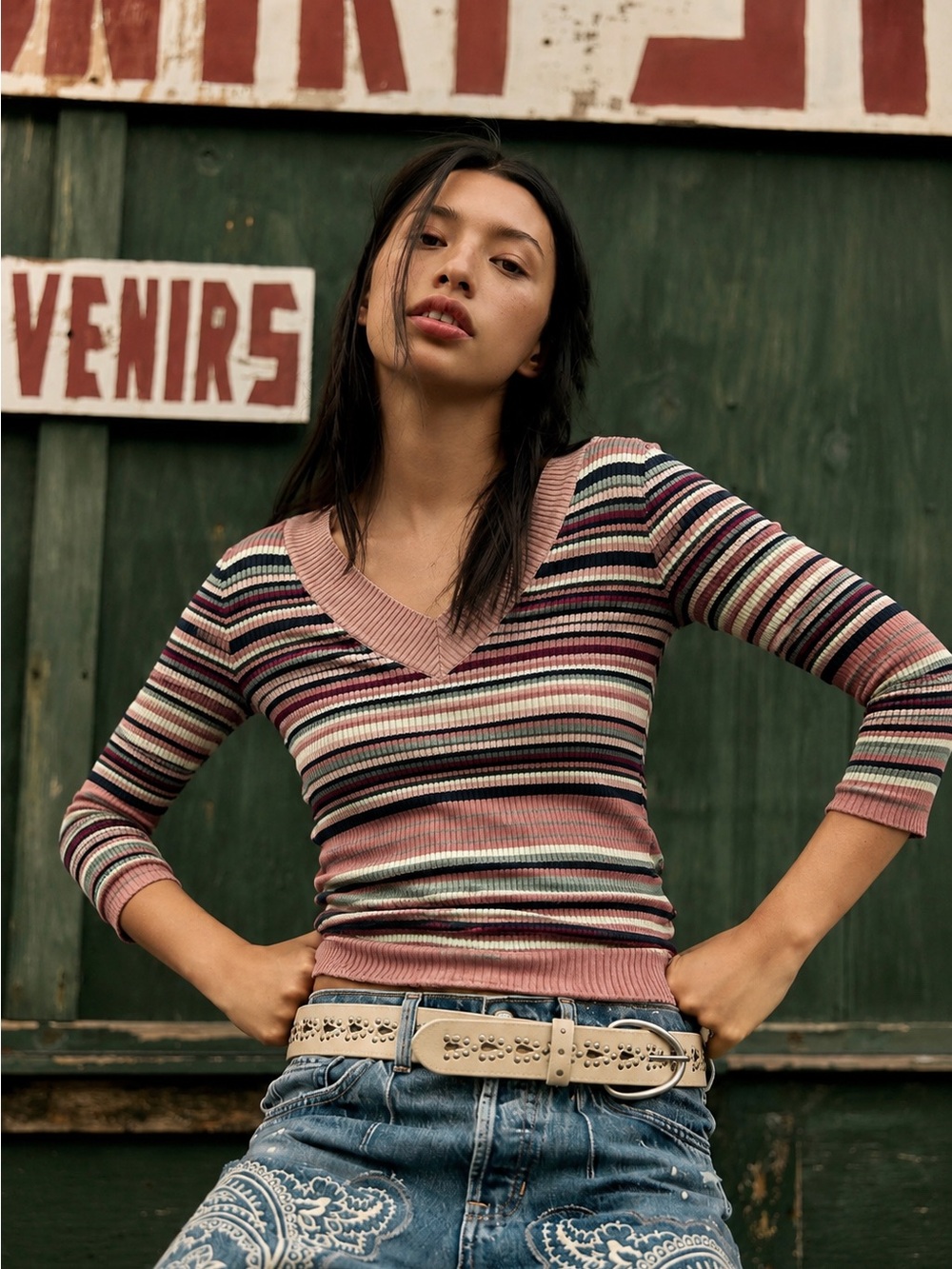 134. Striped V-Neck Ribbed Sweater Top - Pink Multi